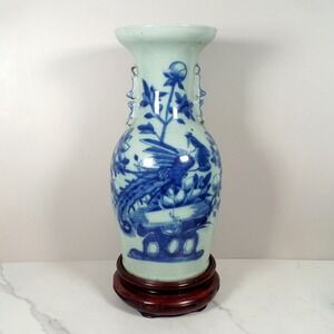 Antique Chinese Blue & White Porcelain Baluster Vase, Hand Painted, Qing Dynasty